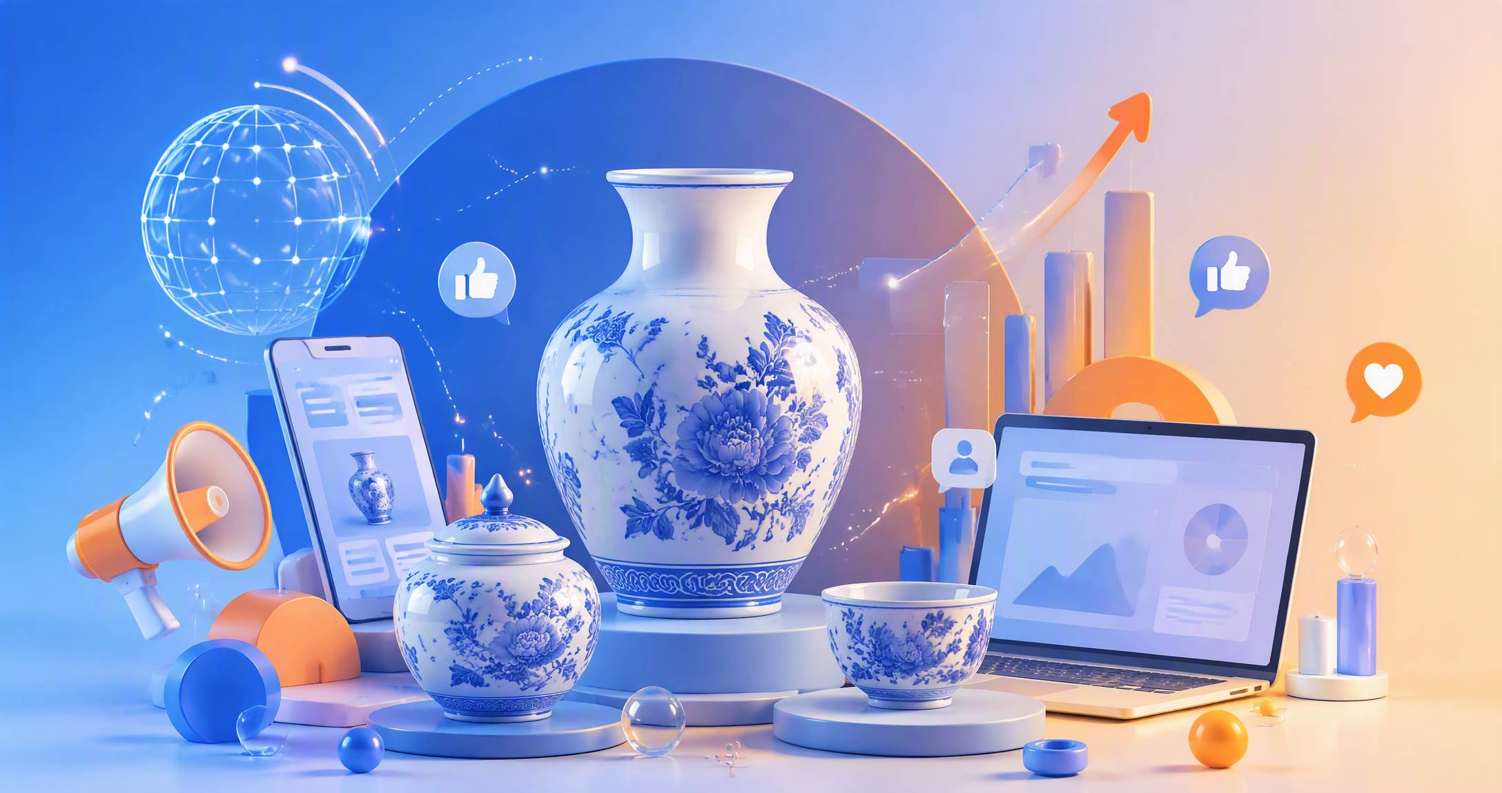 工艺品陶瓷科技商务插图,网络营销推广主题,蓝色与橙色渐变,现代简约风格