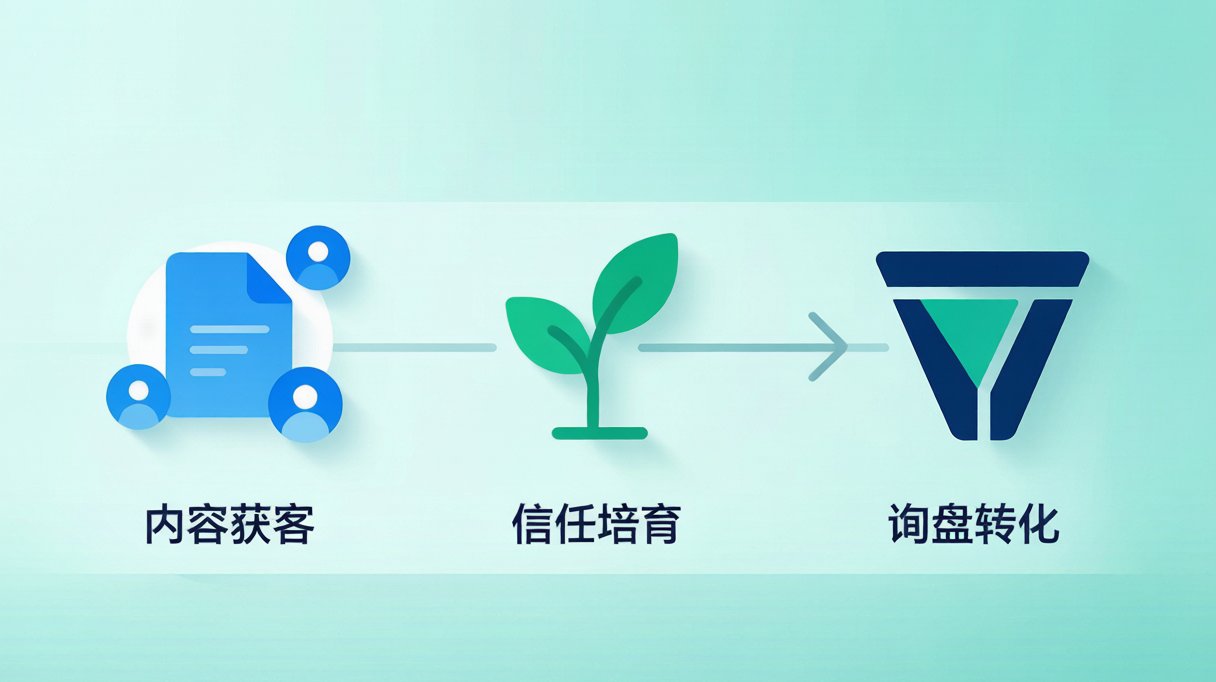 外贸公众号客户信任培育与询盘转化流程示意图