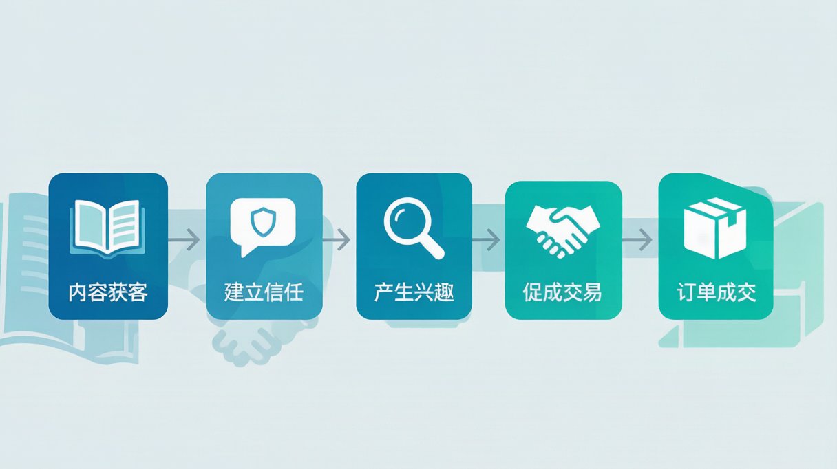 制造业公众号采购商信任建设与转化流程示意图